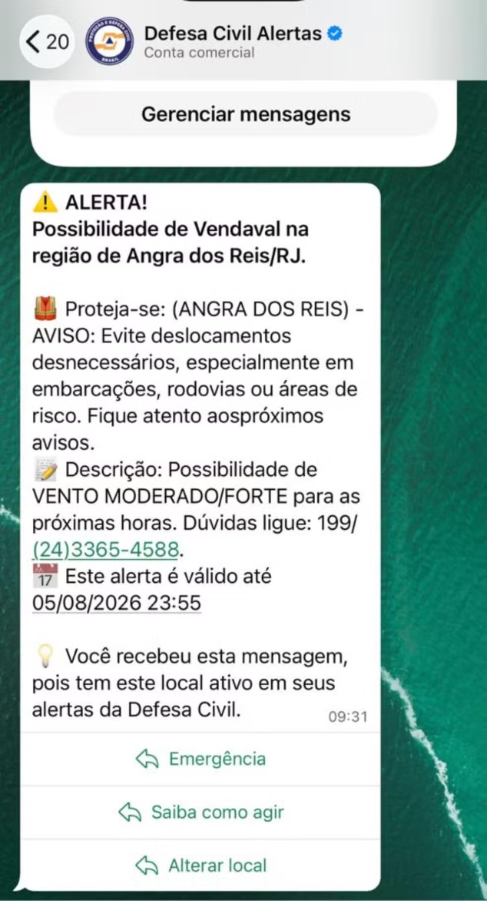 Defesa Civil alerta para possibilidade de vendaval nesta quarta em Angra